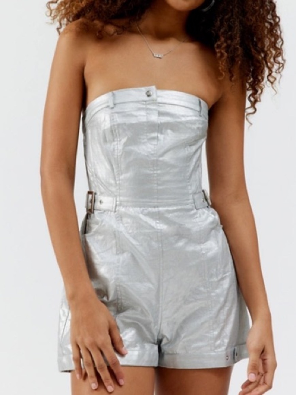 NWT Urban Outfitters Yara Metallic Strapless Romper silver Sz XL
